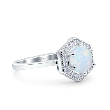 Art Deco Hexagon Shape Wedding Bridal Ring Round Lab Created White Opal 925 Sterling Silver